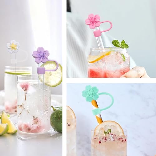 HASTHIP® 15PCS Flower Silicone Straw Caps for Stanley 30 40 Oz Cups Accessories Cherry Blossom Universal 10mm Covers for Glass Straws Dust Proof Water Bottle