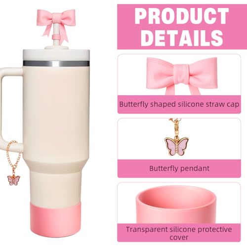 HASTHIP® for Stanley Cup Accessories 27PCS Charms Cute Bow Straw Cap Straws Cleaning Brush Butterfly Handle Bottom Sleeve Decor Kit NOT Included