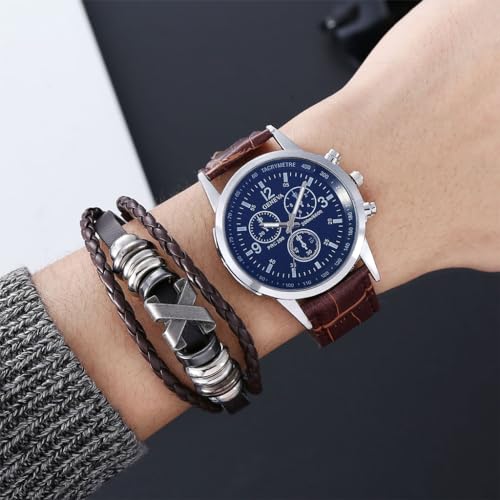 GUSTAVE Wrist Watches for Men And Bracelet Set - Elegant Leather Band Watch & Matching Braided PU Bracelet Father's Day Gift Birthday Gifts for Men, Black Dial and Brown Strap