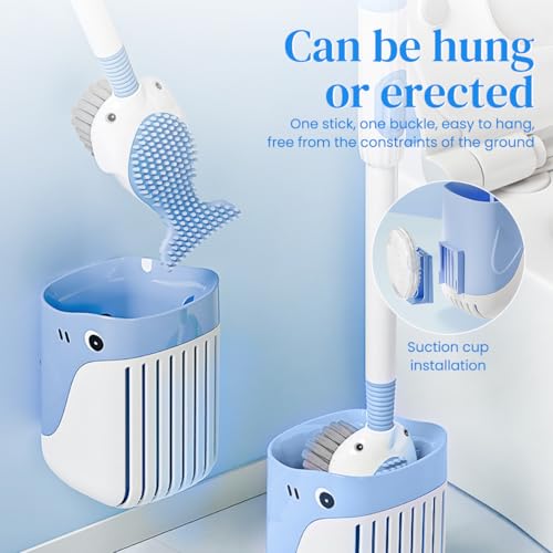HASTHIP® 2-in-1 Dual-Sided Toilet Brush 2PC, 16-Inch Flexible Silicone with Soap Dispenser, Whale-Tail Design, TPR Bristles, Suction Cup Drip Holder, Durable & Hygienic Cleaning Tool for Bathroom