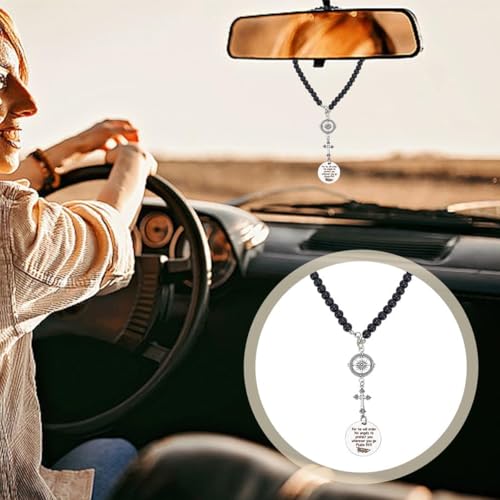 STHIRA® Guardian Angel Cross Car Mirror Hanging Charm with Psalm Verse Beaded Stainless Steel Compass Pendant for Rear Mirror Spiritual Accessories Interior Decor Ideal Gift 2PCS