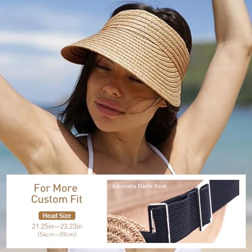 PALAY® Womens Sun Visor Hat Straw Visors for Summer Packable Ponytail Beach Hats Travel UPF 50 Khaki 2 PCS