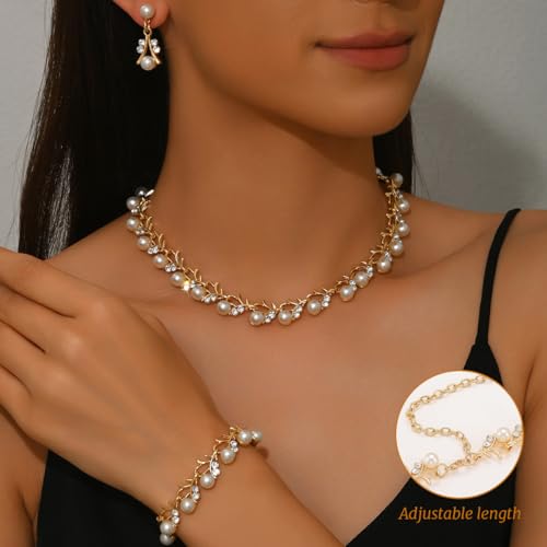 SANNIDHI® Stylish Design Fancy Pearl Bracelet Earrings Necklace Jewellery Set for Women Valentine Gift for Girlfriend-Gold