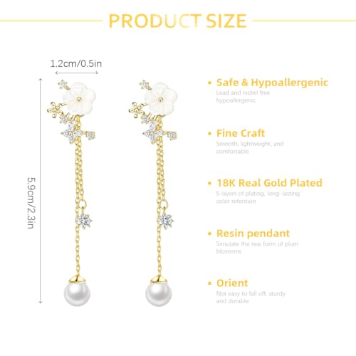 SANNIDHI® Dangle Pearl Drop Earrings For Women Trendy Long Threader Chain Dainty Flower Earrings For Brides CZ Cute 14K Gold Statement Sparkly Jewelry