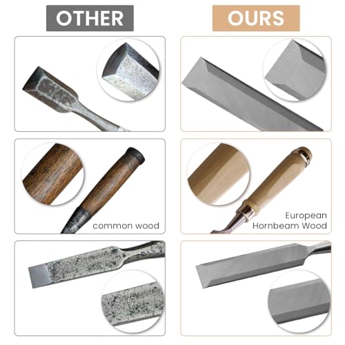 Serplex® Bevel Edge Craft Chisel Set Multi Sizes 12PCS for Woodworking Durable Chrome Vanadium Steel Blades with Ergonomic Wooden Handles for Carving Shaping and Detailing