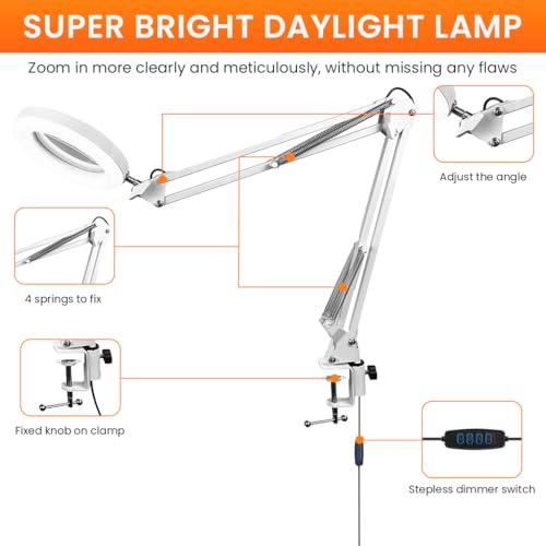 HASTHIP® Desk Magnifying Glass with USB LED Light 5X Magnifier with Flexible Metal Arm 3-Color for Crafting Sewing Electronics Repair Model Building 2PCS