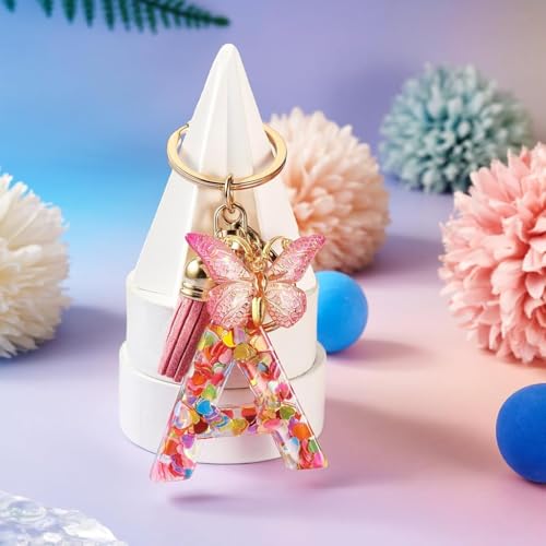 ZIBUYU® Letter A&S Keychain Charm for Girls & Best Friends, Pink Butterfly Clear Resin with Sequins, Metal Keyring for Backpack, Bag Decoration, Stylish Personalized Gift, 1 Piece