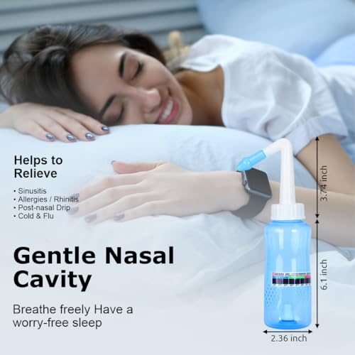 HANNEA® Neti Pots for Sinus Rinse Bottle Nasal Wash Irrigation Jal Pot with 2 Nozzles 40 Salt Sticker Thermometer Nose Cleaner Washing for Adult Kid Travel Essentials 300ML 3PCS