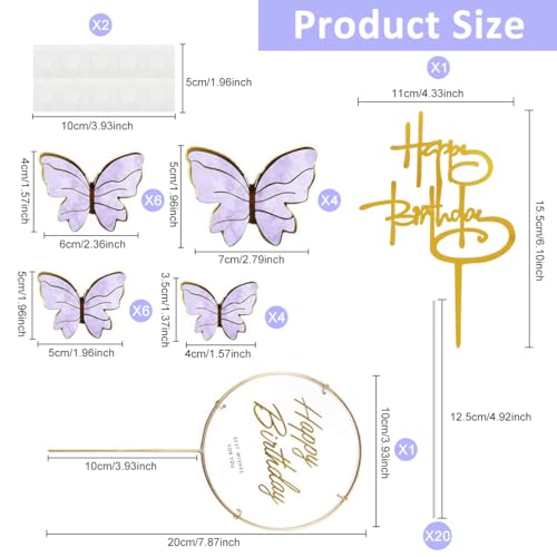 HASTHIP® 60PCS Butterfly Cake Toppers for Decoration Cute Items Happy Birthday Topper with 1 Acrylic 1 Iron