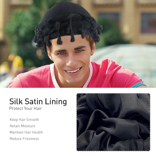 GUSTAVE Cap for Men Trendy Durag Cap Stretchy Men Hip Hop Cap Silk Satin Lined Cap Wrap-round Tassels Braid Design