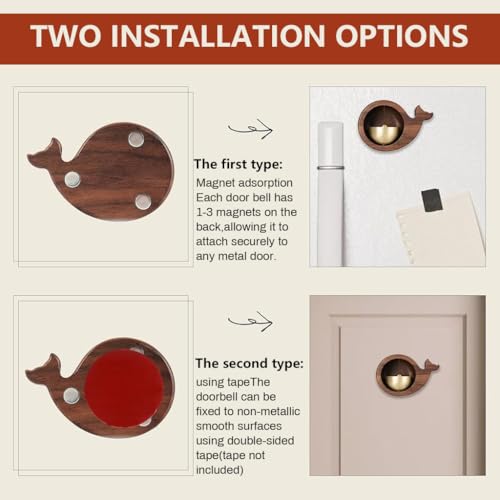 HASTHIP® Magnetic Door Chime Wooden Whale Shaped Embedded Bell Dopamine Welcome Decorative for Home Decor Shopkeepers 9.2x6.2x3.5cm 2 PCS