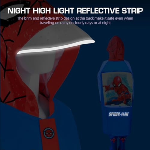 PALAY® Rain Coat for Kids Spider Man Poncho Raincoat for Kids 6-9 Years Boys Girls with Pockets Wide Brim Hooded Poncho Safe School Bag Rain Cover Spider Print Recommended Height 130-140CM(XL Size)