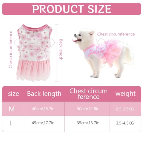 Qpets Dog Girl Dresses, Female Cat Dress, Crew Neck Dog Clothes Small Puppy Lace Princess Skirt, Girls Doggi Floral Dress Pink Flower Dresses Small Dog Cat Party Costume (M, Chest: 30cm)