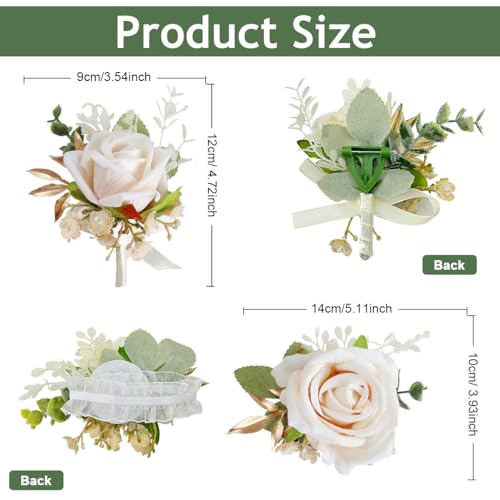 PALAY 2pcs Wrist Corsage and Boutonniere for Wedding, Wedding Rose Flower Jewellery Boutonniere Set Bridesmaids Artificial Hand Flower Corsage for Women Party Prom Suit Decorations
