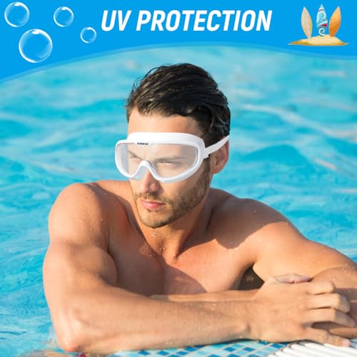 Proberos® Big Frame Anti-Fog Swim Goggles with UV Protection Waterproof Earplugs for Men Women Leakproof Silicone Design Adjustable Strap Protective Case Wide-Vision Clear Lens White 2PCS