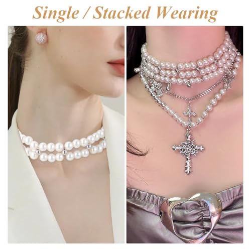 SANNIDHI® Pearl Necklace for Women Girls Gothic Rose Cross Pendant Chain Layered Stainless Steel Beads Choker Punk Aesthetic Jewellery Gifts 3PCS