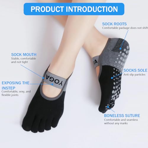 Proberos 1 Pair Yoga Socks for Women Toesocks Breathable Cotton 5-Toe Socks for Women Anti-slip Silicone Sole Design Fitness Yoga Floor Socks Individual Toe Socks for Pilates, Barre, Ballet