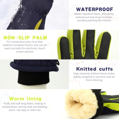 PATPAT Winter Gloves for Kids Warm Ski Gloves Thicken Warm Fleece Lining Waterproof Winter Gloves for Kids 8-12 Years Old Cartoon Dino Printed Outdoor Warm Gloves for Boys & Girls