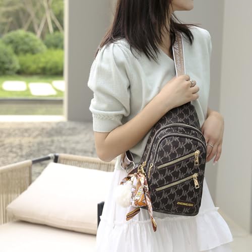 PALAY® PU Chest Bag for Women Fashion Vintage Printed Multi-Compartment Zip-up Shoulder Crossbody Travel Casual Sling with Charm 2 PCS