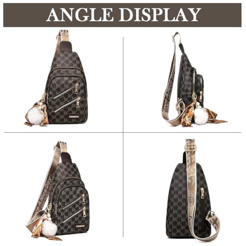 PALAY® PU Chest Bag for Women Fashion Vintage Printed Multi-Compartment Zip-up Shoulder Crossbody Travel Casual Sling with Charm 2 PCS