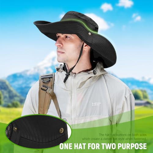 Proberos® UPF50+ Sun Hat for Men Women Lightweight Quick-Dry Booney with Breathable Mesh Wide Brim Chin Strap Waterproof UV Protection for Fishing Hiking Travel Outdoor Adventures 2PCS Black