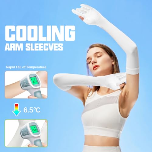 PALAY® 2 Pairs Sun Protection Gloves for Women Men Non-Slip Touch Screen Arm Sleeves Breathable Silk Cooling UV Protection Hand Sleeves Full Arm Hand Gloves for Bike Riding, Driving, Cycling - White