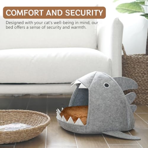 Qpets Cat Bed, Kawaii Cartoon Open Shark Mouth Cat Bed Felt Plush Cat Bed Soft Padded Cat Sleeping Bed Cat Mat Cat Nest with Plush Ball Hanging Toy Washable Cat Game Cave Cat Bed for All Season