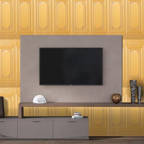 HASTHIP 5Pcs 3D Foam Wallpaper Wall Panels - Golden Vintage Embossing 3.5cm Thicken PE Foam Anti-Scratches Waterproof Self-Adhesive Wall Protector for Bedroom & Living Room, 27.56x35.43 Inches