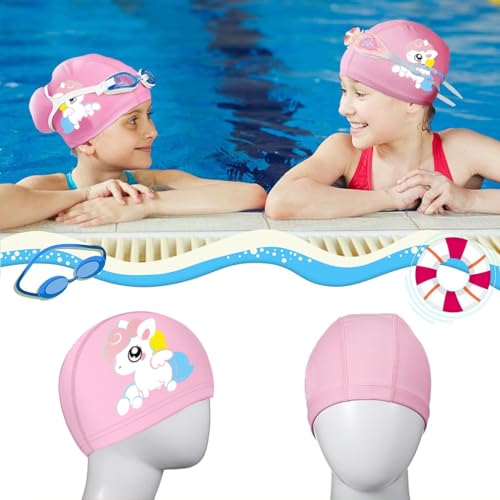 Proberos® Swimming Cap for Girls Waterproof Elastic PU Coated Ideal All Head Shape Silicone Easy Fit No Hair Pulling Chlorine Resistant Swim Kids Age 3-12 2PCS