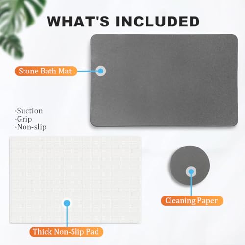 HASTHIP® Bath Mat Quick Dry Absorbent Floor Anti-Slip Diatomaceous Earth Shower Bathtub with Clear Double Sided Anti-Skid 15.75x11.8 inches Grey 2 PCS