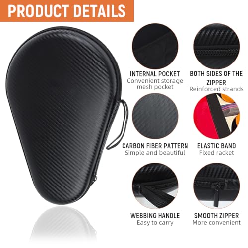 Proberos® Ping Pong Racket Bag for 2 Rackets 2 Balls Hard Shell Waterproof Zipper with Hand Strap Anti-Scratch Table Tennis Paddle Case Storage 28x18cm 2PCS