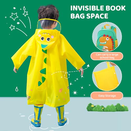 PATPAT Dinosaur Kids Rain Coat EVA Hooded Jacket with Transparent Wide Brim Cartoon for Boys Girls 4-5 Years Old M 2 PCS with Storage Pouch Knee-length