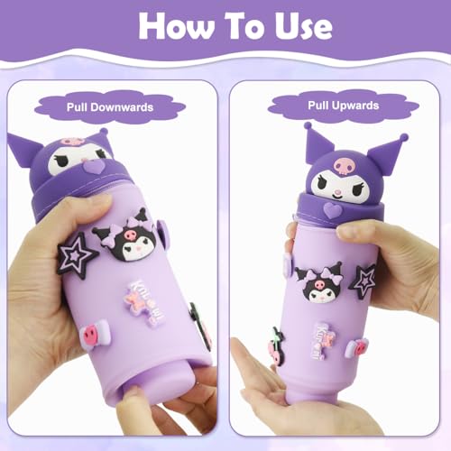 PATPAT Pencil Pouch for Kids DIY San-Rio Cartoon Kawaii Silicone Pencil Pouch Fun Pen Holder with Ku-romi Charms School Stationeries Bag Gift