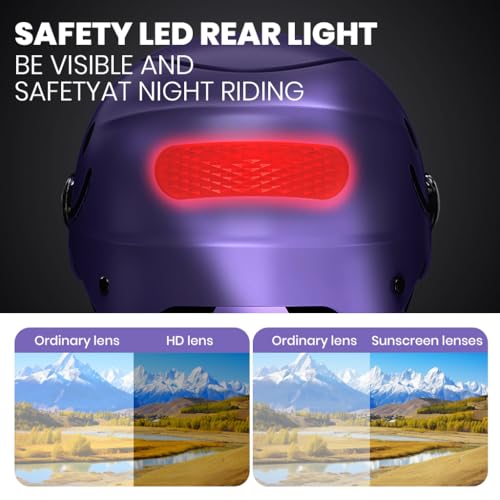 Proberos® Adult Electric Bicycle Helmet Riding Helmet Scooter Safety Helmet, Padded Safety Helmet with Face Cover, Goggle Detachable Ear Muffs, Adjustable Chin Strap & Red Reflective Sign Purple