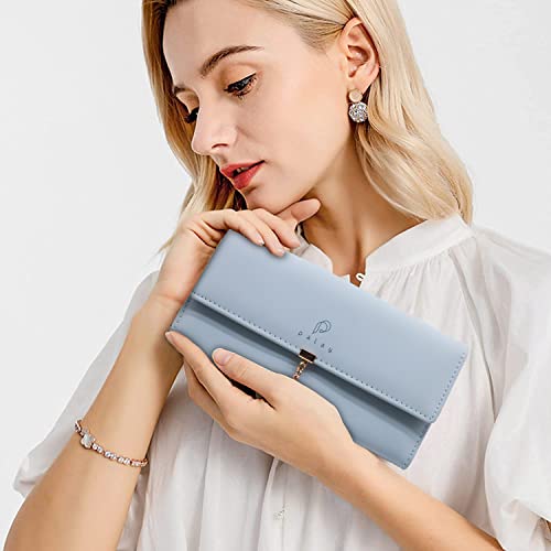 SANNIDHI Women's PU Leather Long Wallet with Leaf Pendant Card Holders Phone Pocket Girls Zipper Coin Purse (Blue)