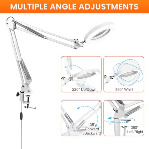 HASTHIP® Desk Magnifying Glass with USB LED Light 5X Magnifier with Flexible Metal Arm 3-Color for Crafting Sewing Electronics Repair Model Building 2PCS
