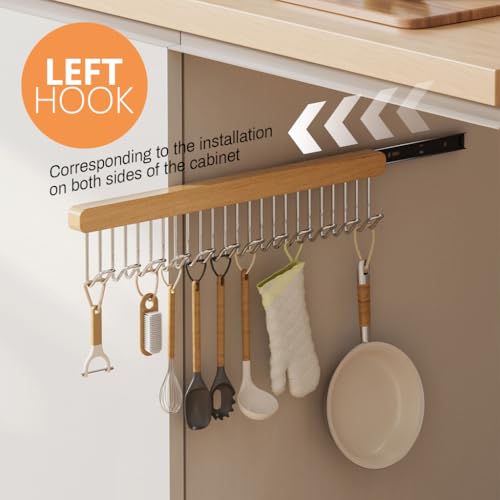HASTHIP® Belt Organiser for Wardrobe Wooden Sliding Pull Out Hanger Organizer Storage with 12 Hooks to Take Bra Scarf Tie Hat Left Pull Design 41x8cm 3PCS