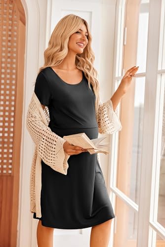 SANNIDHI® Women's Nursing Dress Summer Short Sleeve Patchwork Maternity Breastfeeding Knee Length Dress Black XL