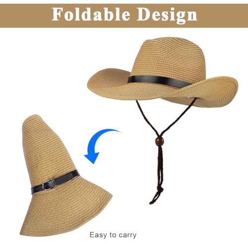 Proberos® Men's Straw Panama Hat Summer Fedora Trilby Wide Brim Adjustable Chin Strap UV Protection Breathable Lightweight Cowboy Style Ribbon Accent Outdoor Sun Cap 3PCS