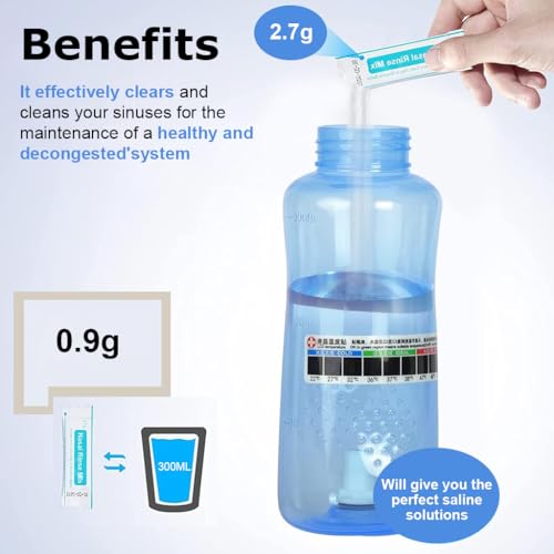 HANNEA® Neti Pots for Sinus Rinse Bottle Nasal Wash Irrigation Jal Pot with 2 Nozzles 40 Salt Sticker Thermometer Nose Cleaner Washing for Adult Kid Travel Essentials 300ML 2PCS