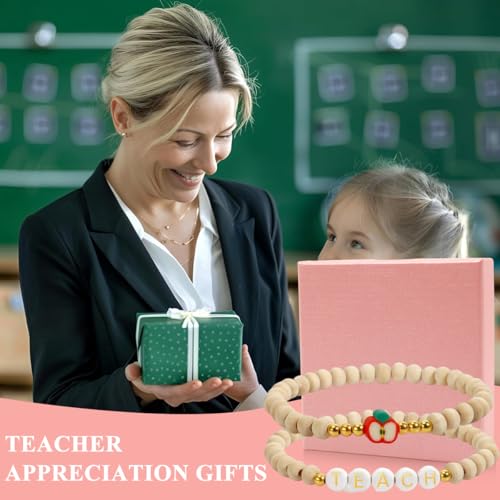 SANNIDHI® Gift Bracelets for Teacher, Set of 2Pcs Letter Charm Clay Bead Bracelet Charm Beads Bracet Thank You Gift Birthday Gift for Teacher