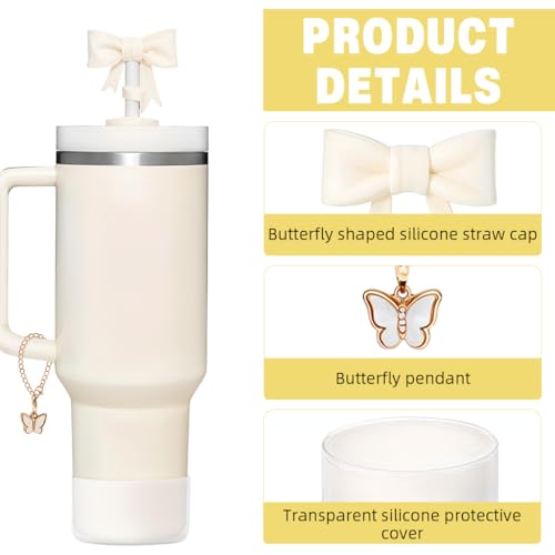 HASTHIP® for Stanley Cup Accessories Charm Kit Set 27PCS Fashion Straw Cute Bow Cap 2 Straight Straws Cleaning Brush Butterfly Handle Bottom Sleeve