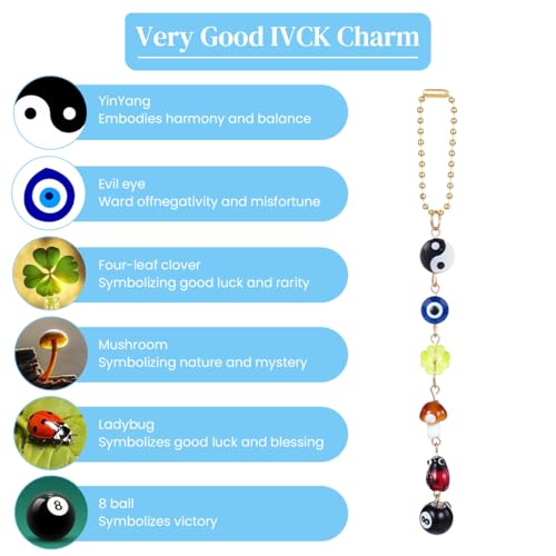 STHIRA Good Luck Evil Eye Car Hanging Accessories Interior Car Hanging with 8 Ball, Mushroom, and Four-Leaf Clover Pendant for Rear View Mirror, Boho Ladybug Yin Yang Symbol Car Decor Accessory