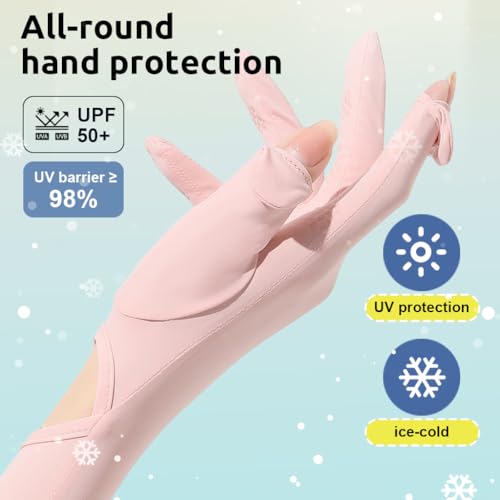 PALAY® Hand Gloves for Sun Protection with Arm Sleeves for Women, Ice Silk Cooling Sun Protection Gloves Women Non Slip Summer Outdoor UV Arm Sleeves for Bike Riding - Pink, Wrist Opening 2 PCS