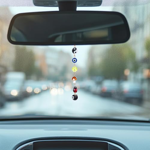 STHIRA Good Luck Evil Eye Car Hanging Accessories Interior Car Hanging with 8 Ball, Mushroom, and Four-Leaf Clover Pendant for Rear View Mirror, Boho Ladybug Yin Yang Symbol Car Decor Accessory