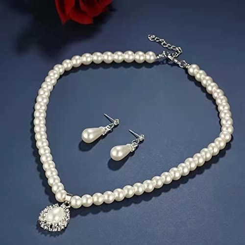 SANNIDHI Pearl Rhinestone Jewelry Set for Women -Necklace&Earring,Raindrop Shape Necklace Earring Suit for Important Occasion Party Gifts