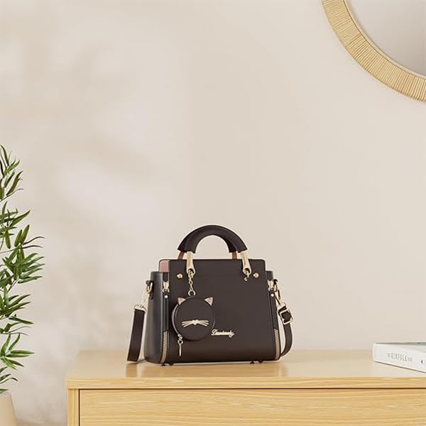 ZIBUYU® Hand Bag for Women Stylish PU Small Tote with Detachable Strap Cat Ear Pouch Crossbody Shoulder for Daily Use Black 24x10x18cm 2PCS