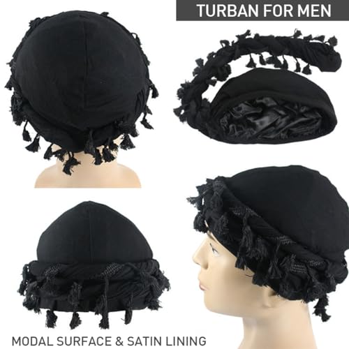 GUSTAVE Cap for Men Trendy Durag Cap Stretchy Men Hip Hop Cap Silk Satin Lined Cap Wrap-round Tassels Braid Design
