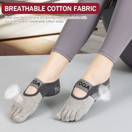 Proberos® 3 Pairs Yoga Socks for Women, Breathable Cotton 5-Toe Socks for Women, Anti Skid Women Socks, Elastic Strap Design for Pilates, Dance, Barre, Home Workout & Barefoot Fitness 2 PCS