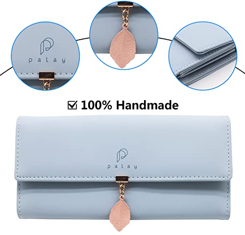SANNIDHI Women's PU Leather Long Wallet with Leaf Pendant Card Holders Phone Pocket Girls Zipper Coin Purse (Blue)